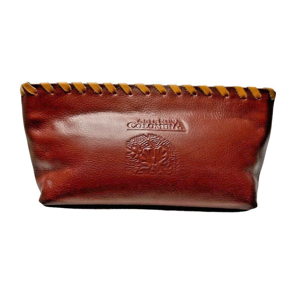 Arte Kuna Colombia 100% Leather Zippered Makeup Bag with 4 Square Mola‎ Design - Picture 2 of 7